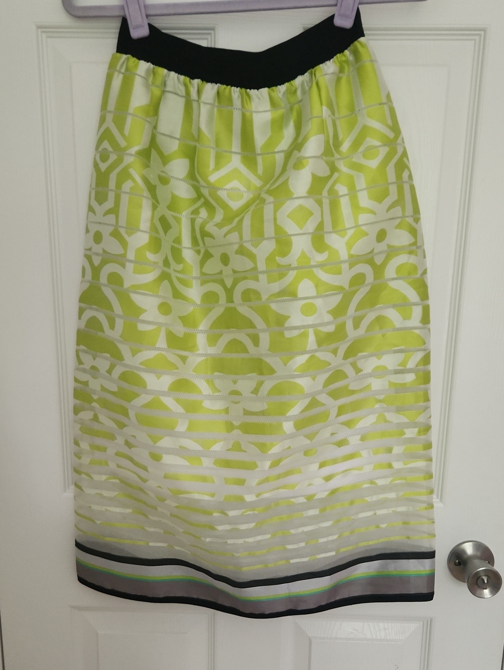 Rare Designer Ostwald Helgason Lime Green Printed Midi Skirt